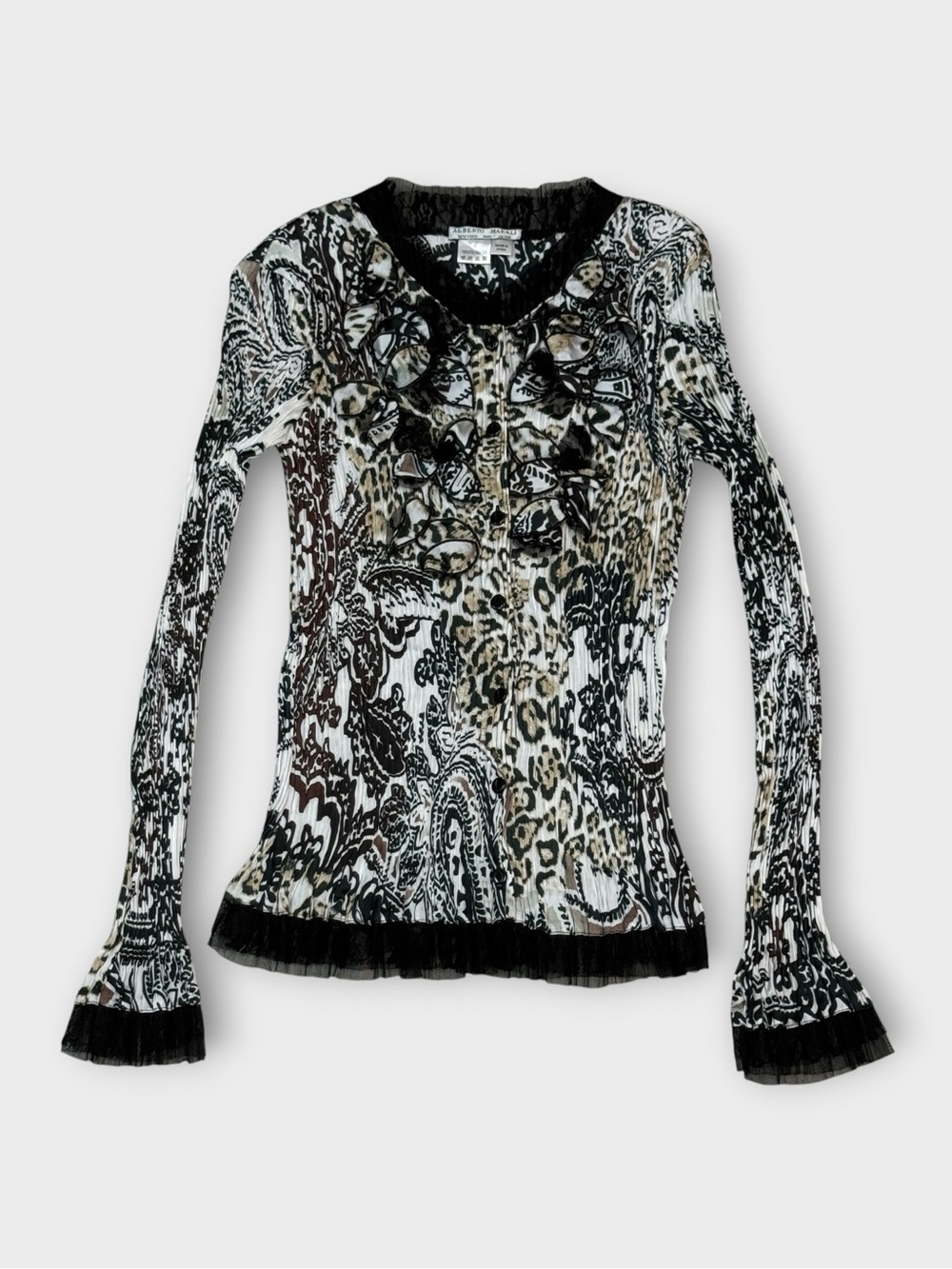 Alberto Makali Mixed Print Ruffle Button-Front Top — Size S